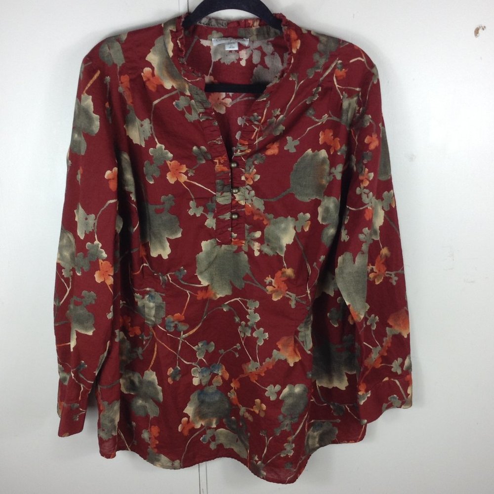 Coldwater Creek Red Floral Long Sleeve Blouse